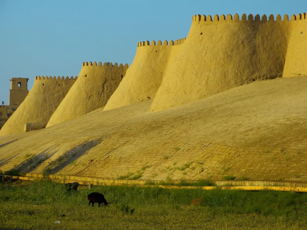 Ancient fortress walls in sunlight with grazing cow under blue sky.