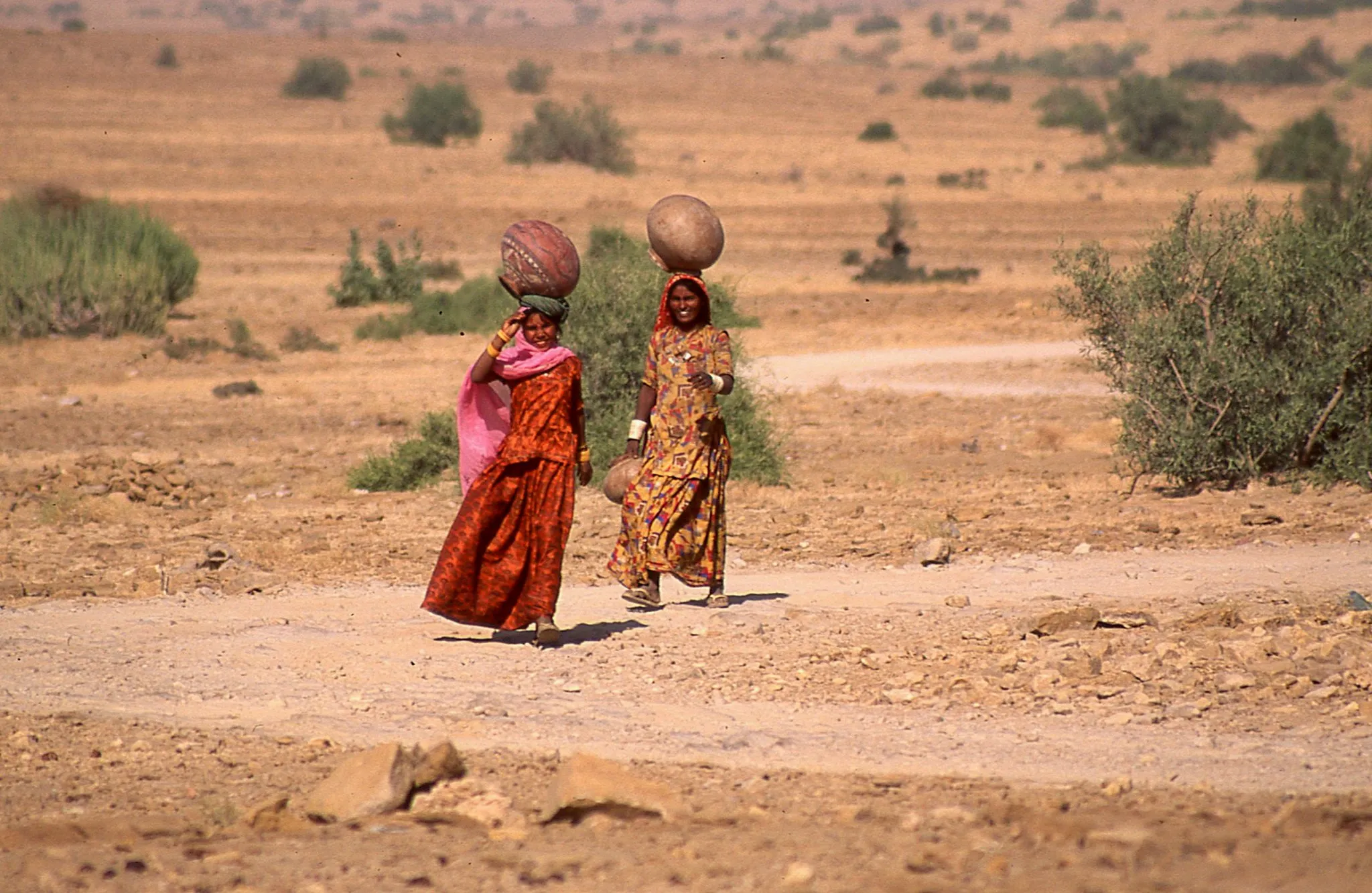 Two women in colorful dresses walk through a dry landscape, balancing pots on their heads. Sparse greenery dots the arid, dusty terrain.