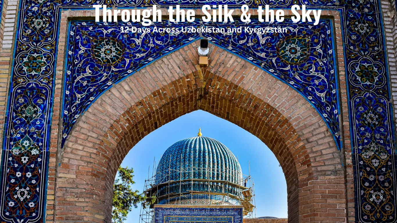 Blue-domed Uzbekistan building with intricate tiles under ornate brick arch.