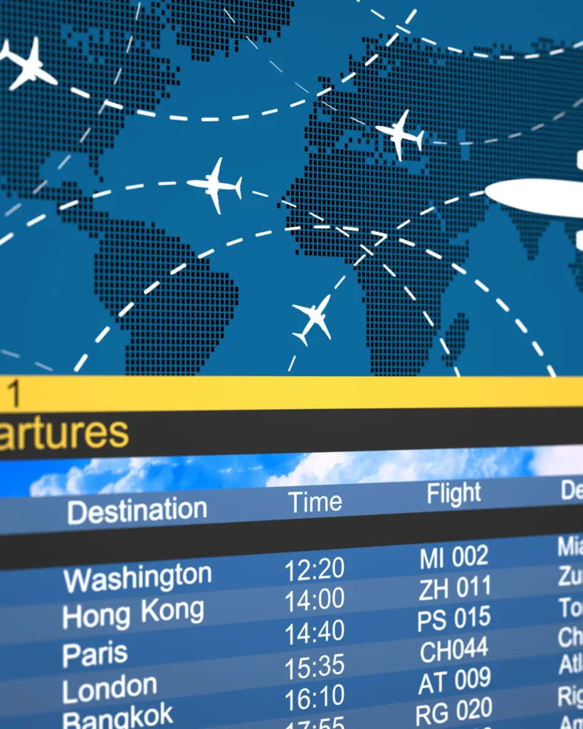 Airport flight departures board showing destinations, times, flight numbers, planes, global map.