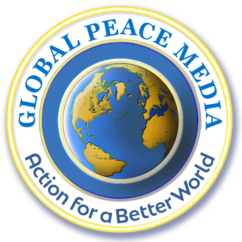 Circular Global Peace Media logo with Earth, blue oceans, orange continents, text.