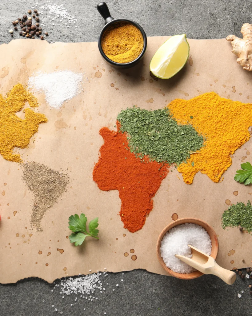 Colorful spices arranged as world map with lime wedge and peppercorns.