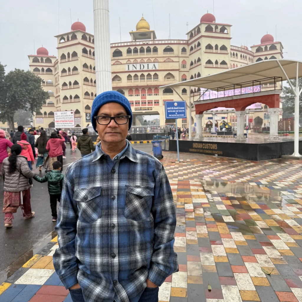 Traveler in blue beanie on colorful path in India cityscape.